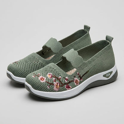 Women's Knit Mary Jane Flats Floral Embroidery