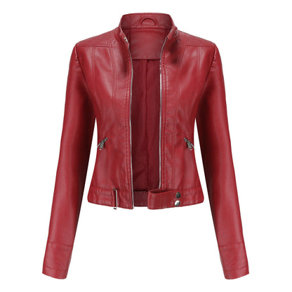 Women's Leather Jacket Zip High Collar Adjustable Belt