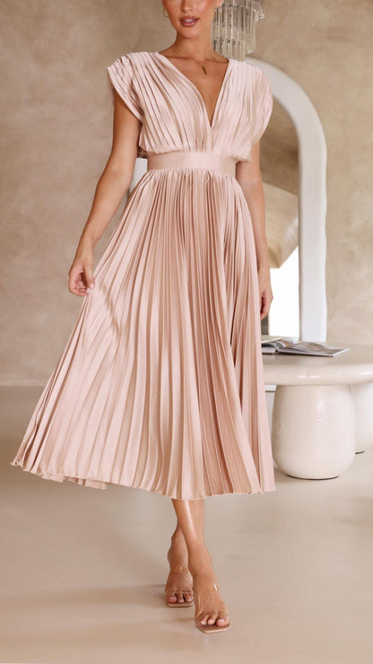 Women's V-Neck Pleated Maxi Dress
