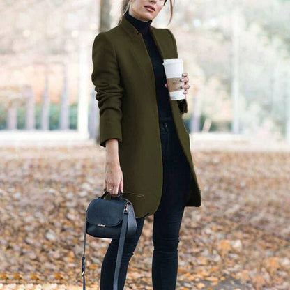 Women's Long Wool Trench Coat Stand Collar Warm Beige
