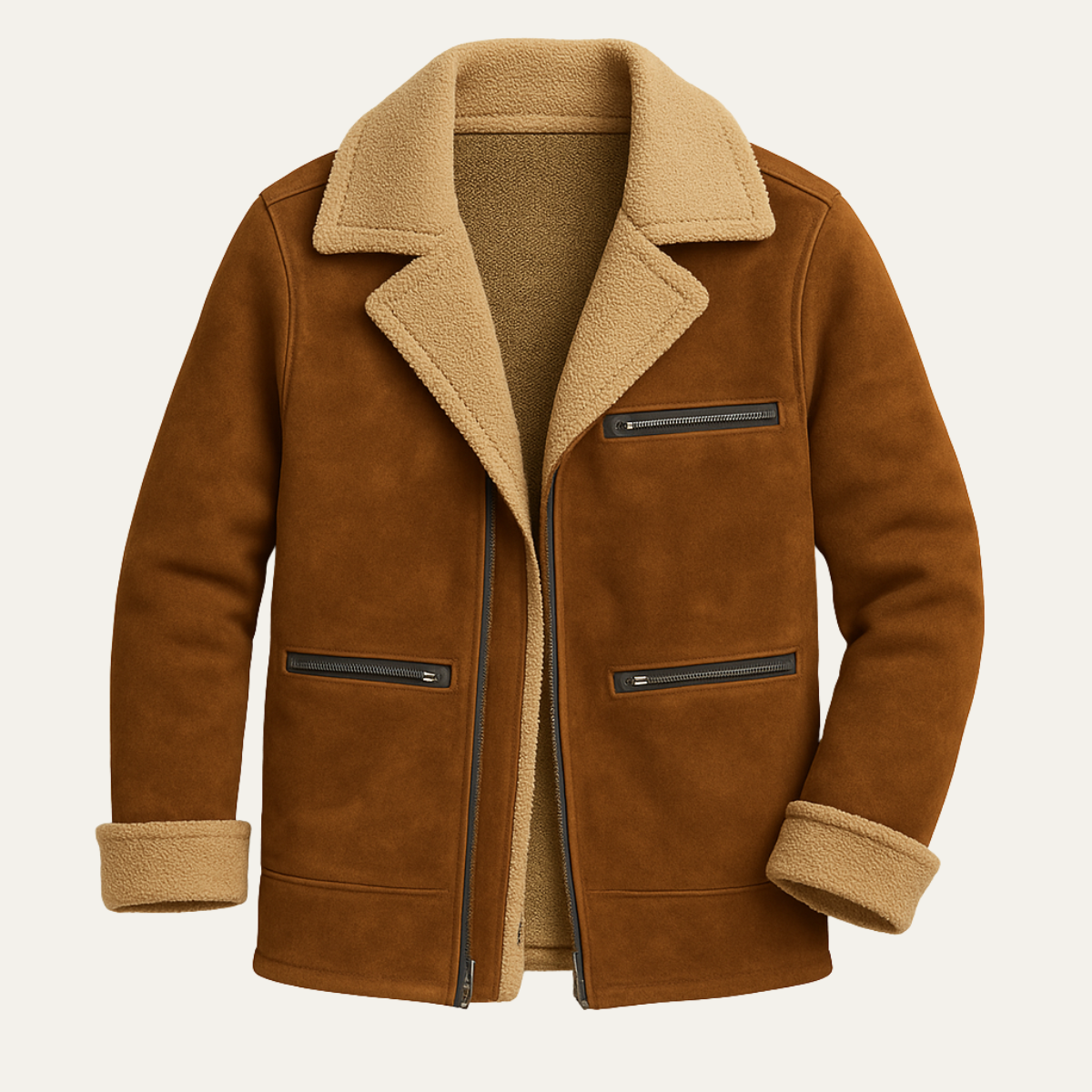 Men's Suede Shearling Jacket Zipper Pockets Brown - Fashinoza
