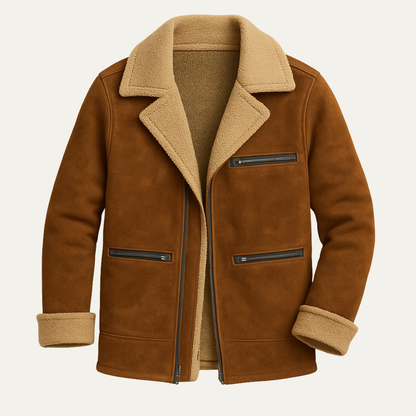 Men's Suede Shearling Jacket Zipper Pockets Brown - Fashinoza