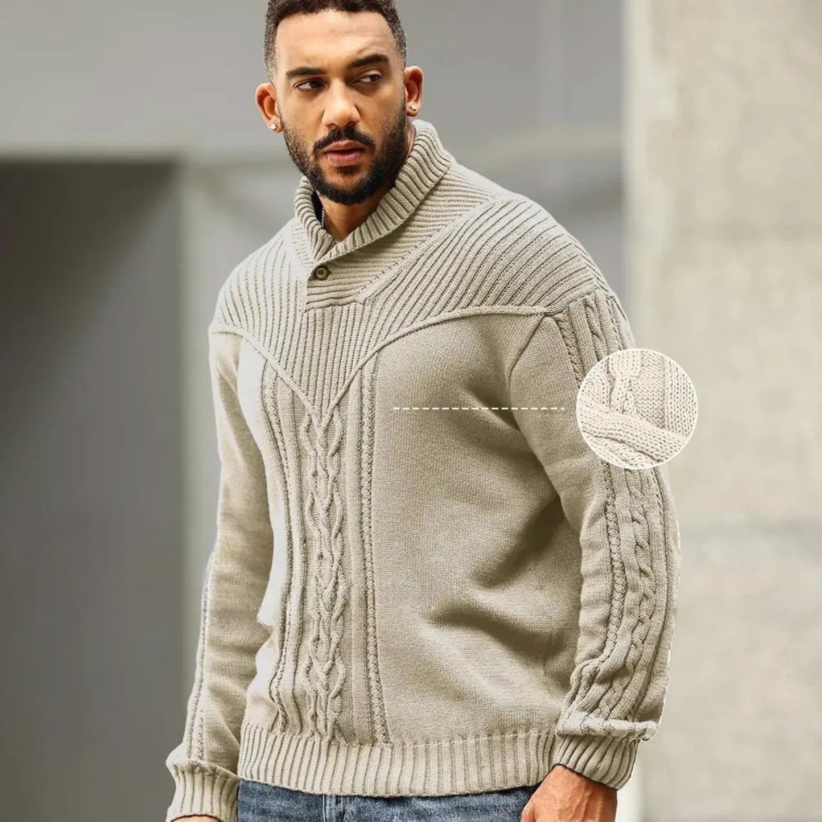 Men's Ribbed Knit Sweater Button Neck Winter