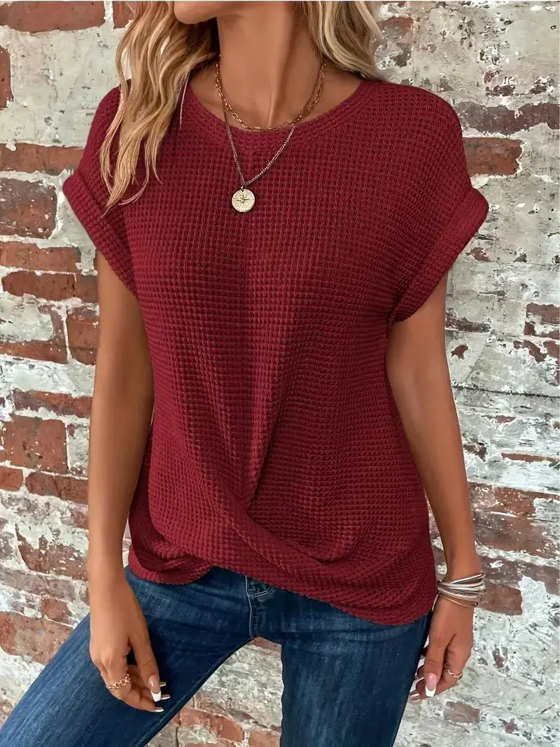 Twist-Hem Waffle Tee for Women – Effortless Style & Comfort-Caliboot