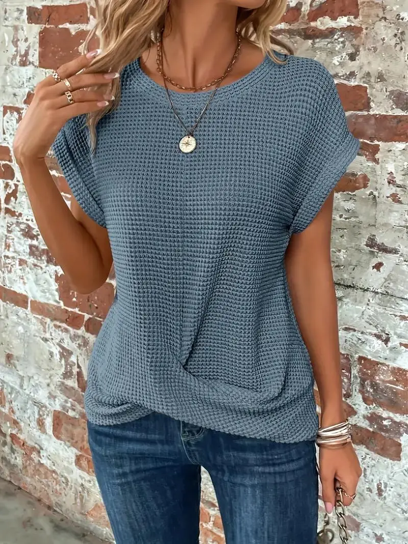 Women's Waffle Knit T-Shirt Twist Hem Relaxed Fit - 
Fashinoza