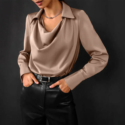 Women’s Drape Neck Long Sleeve Satin Blouse