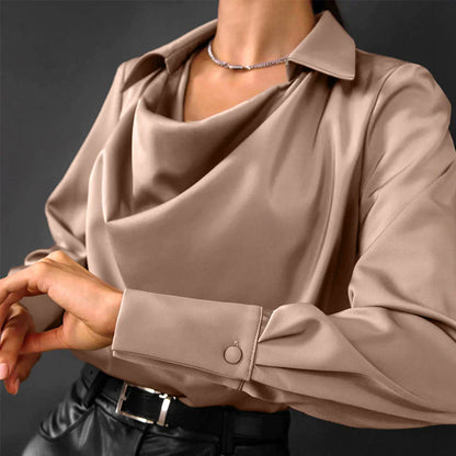 Women’s Drape Neck Long Sleeve Satin Blouse