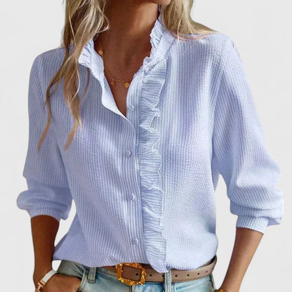 Women's Ruffled Stripe Button Shirt