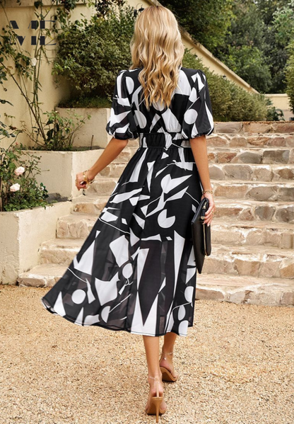 Women's Floral Midi Dress Puff Sleeves
