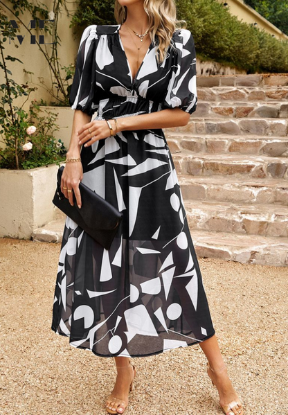 Women's Floral Midi Dress Puff Sleeves
