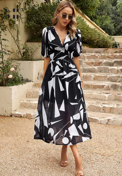 Women's Floral Midi Dress Puff Sleeves