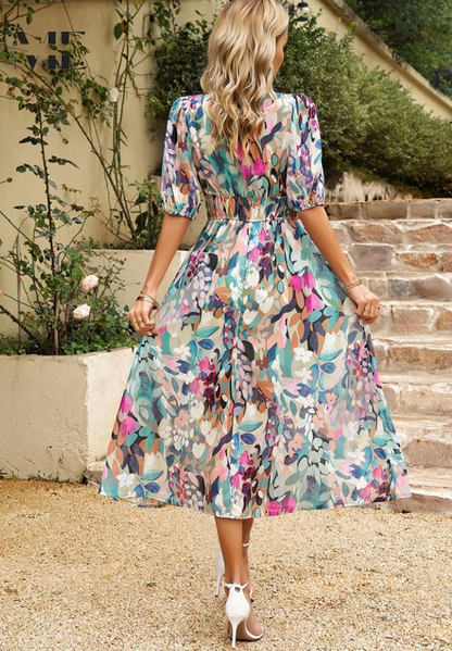 Women's Floral Midi Dress Puff Sleeves