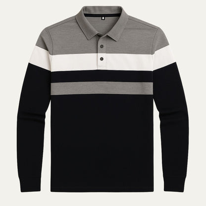 Men's Striped Long Sleeve Polo Shirt Cotton