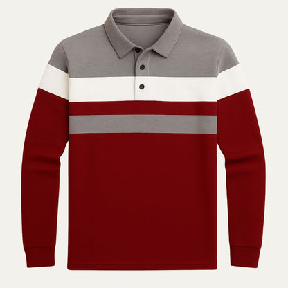 Men's Striped Long Sleeve Polo Shirt Cotton