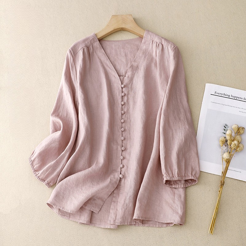 Women's V-Neck Blouse Linen Texture Beige - 
Fashinoza