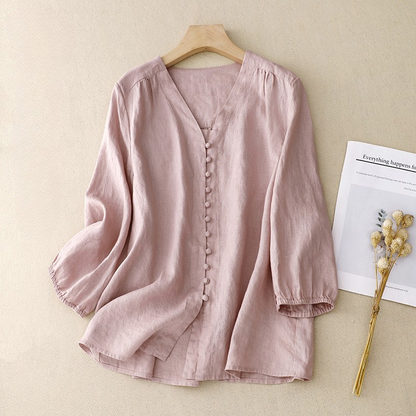 Women's V-Neck Blouse Linen Texture Beige - 
Fashinoza