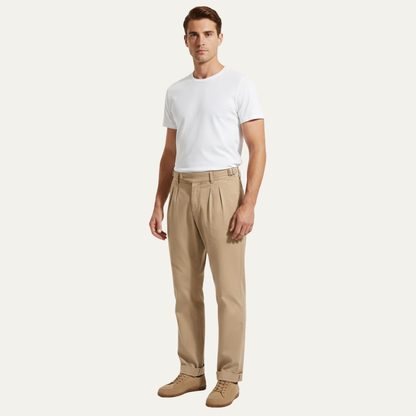 Men's Double Pleated Straight Leg Pants Casual Cotton