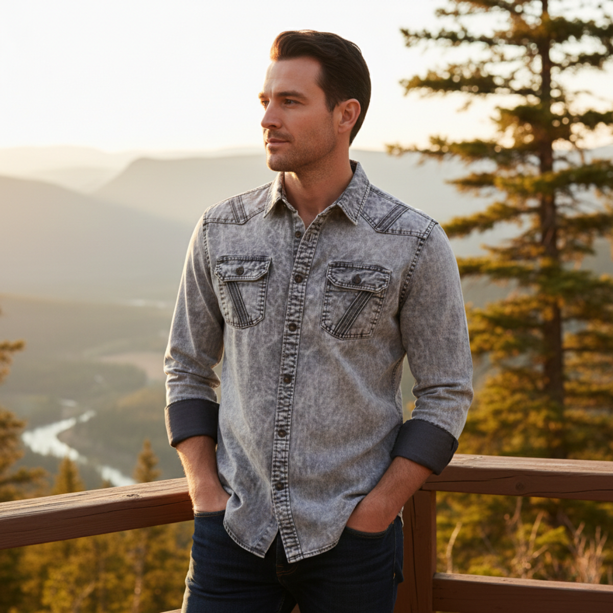 Men's Vintage Denim Casual Button Up Shirt
