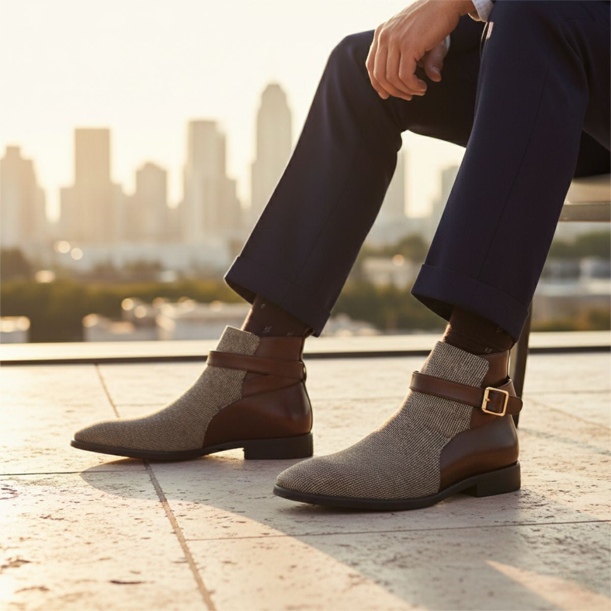 Men's Chelsea Boots Leather Buckle Brown
