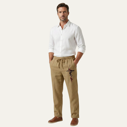 Men's Linen Wide Leg Drawstring Pants Lightweight Beige