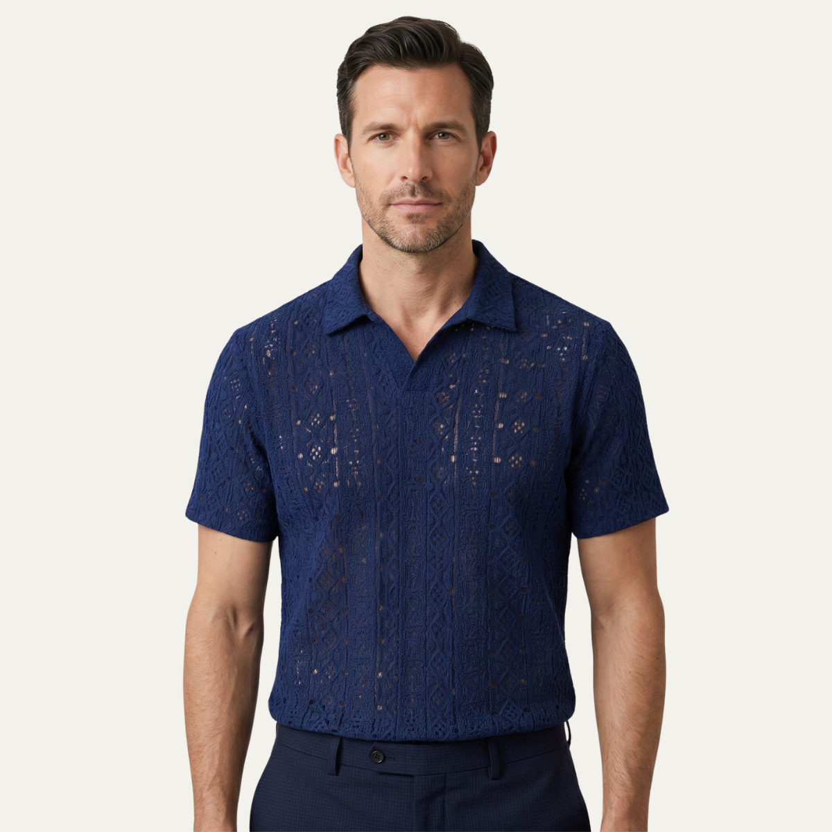 Men's Crochet Knit Polo Shirt Short Sleeve Navy Blue