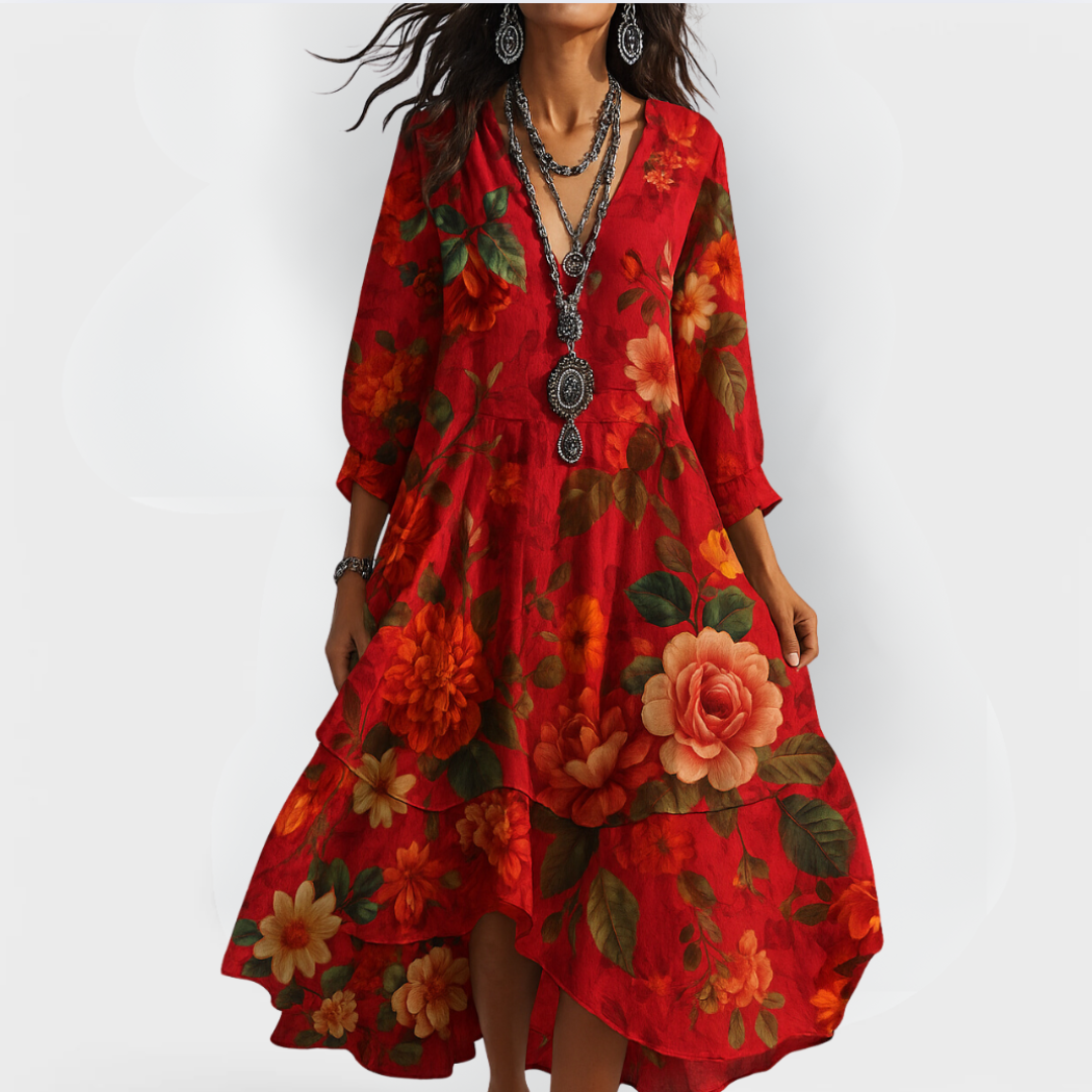 Women's Floral Midi Dress V-Neck 3/4 Sleeve