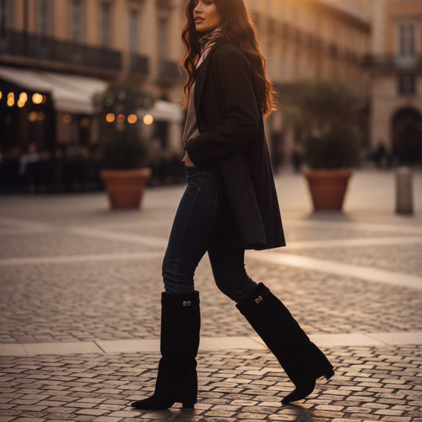 Women's Pointed Metal Buckle Knee High Boots