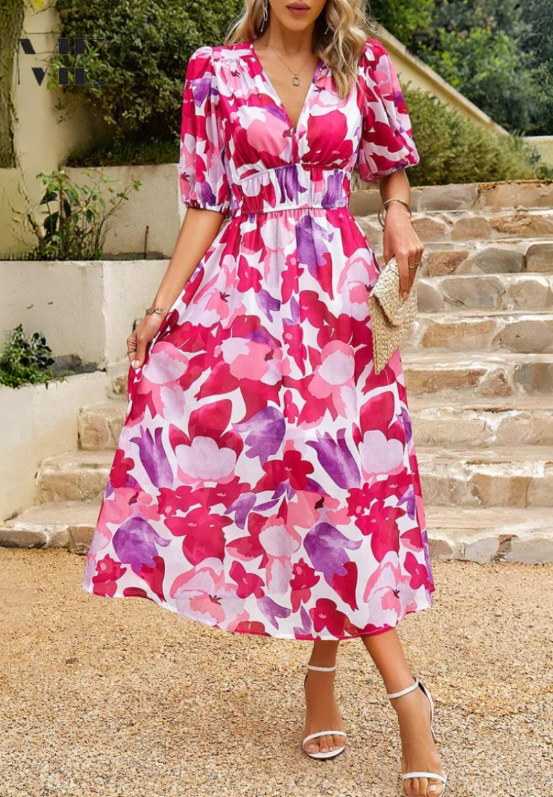 Women's Floral Midi Dress Puff Sleeves