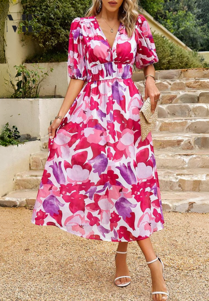 Women's Floral Midi Dress Puff Sleeves
