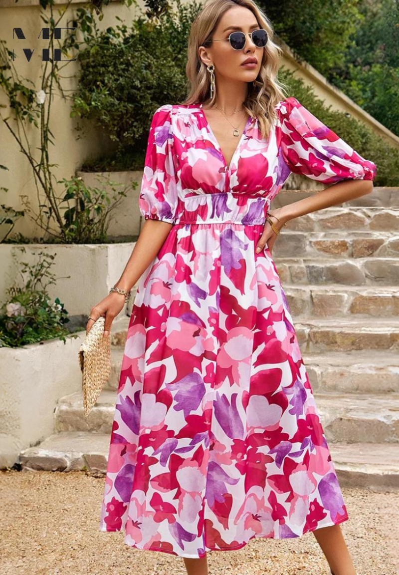Women's Floral Midi Dress Puff Sleeves