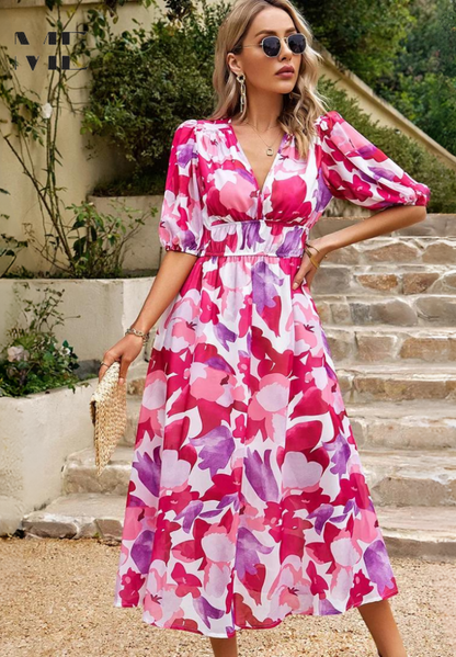 Women's Floral Midi Dress Puff Sleeves