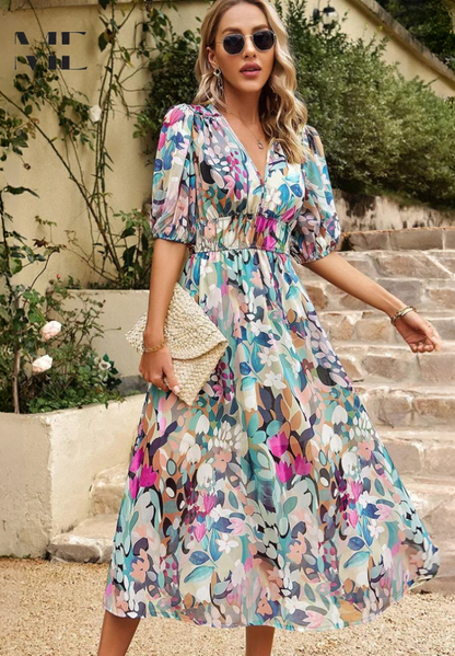 Women's Floral Midi Dress Puff Sleeves