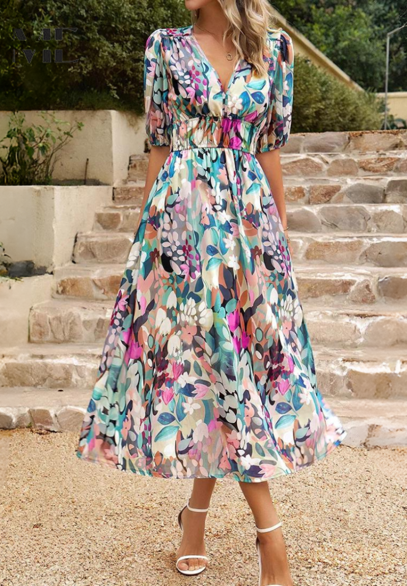 Women's Floral Midi Dress Puff Sleeves