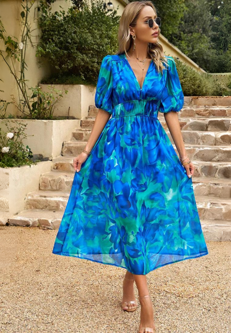 Women's Floral Midi Dress Puff Sleeves