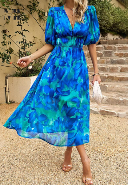 Women's Floral Midi Dress Puff Sleeves