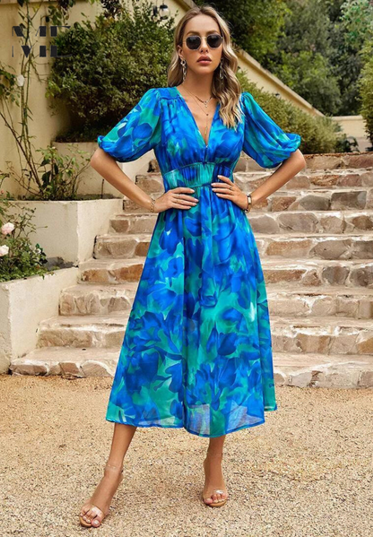 Women's Floral Midi Dress Puff Sleeves