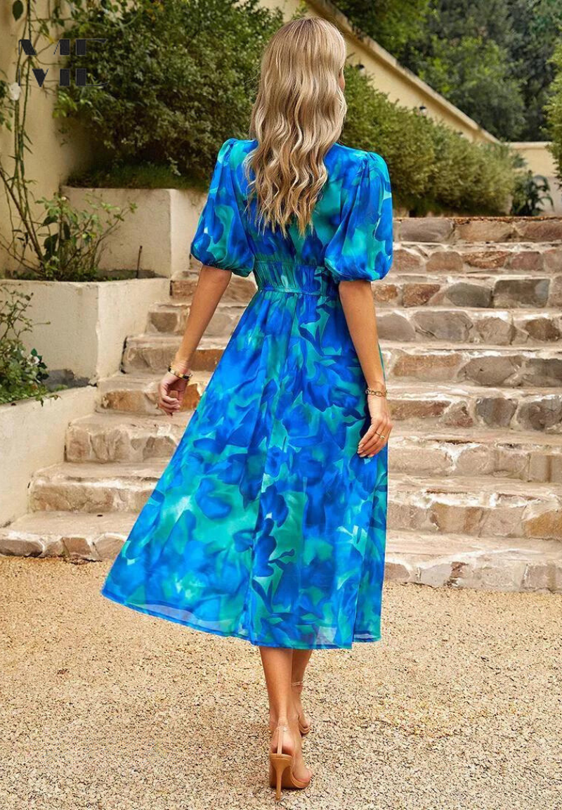 Women's Floral Midi Dress Puff Sleeves