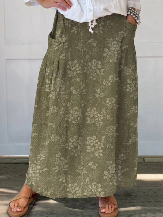 Women's Floral Elastic Waist Skirt With Pockets - Fashinoza