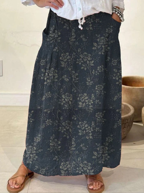 Women's Floral Elastic Waist Skirt With Pockets
