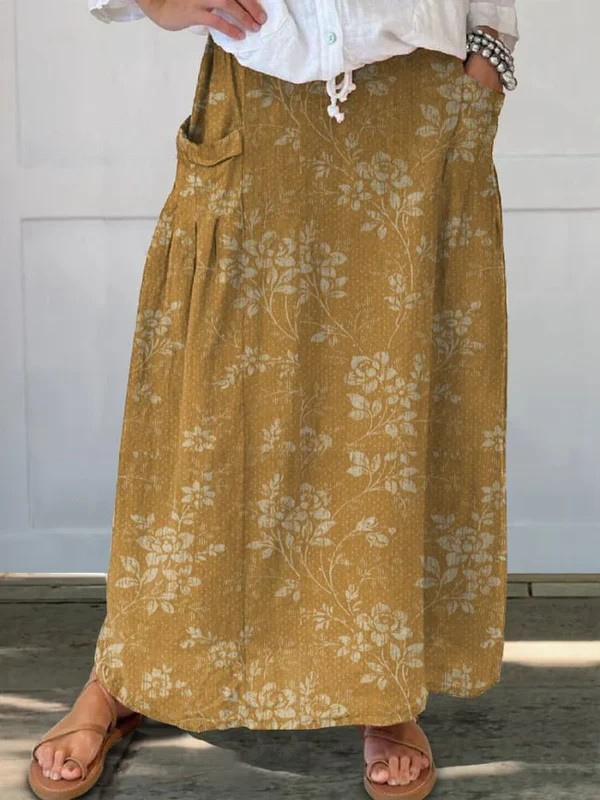 Women's Floral Elastic Waist Skirt With Pockets