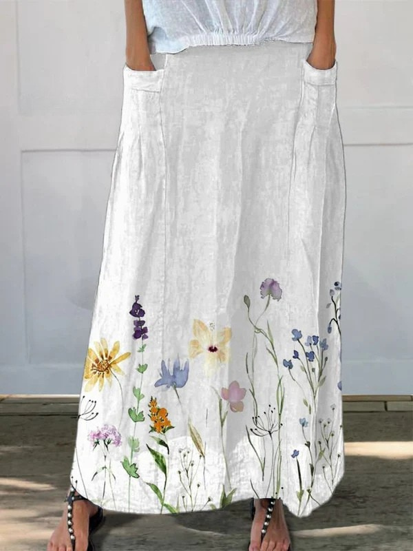 Elastic Waist Skirt Watercolor Print Pocket Spring Floral - Fashinoza