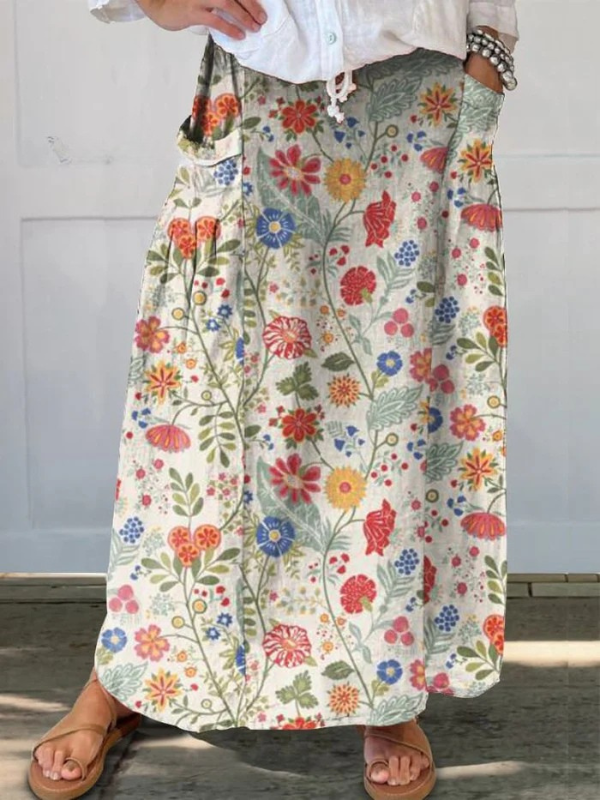 Women's Floral Print Skirt Elastic Waistband with Pocket - Fashinoza