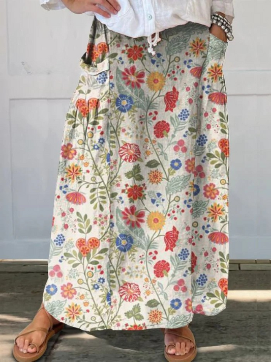 Women's Floral Print Skirt Elastic Waistband with Pocket - Fashinoza