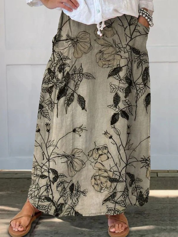 Retro Floral Pocket Skirt Elastic Waistband - Fashinoza