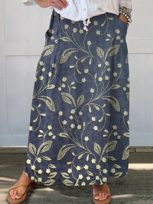 Women's Elastic Waist Skirt Floral Print With Pocket - Fashinoza
