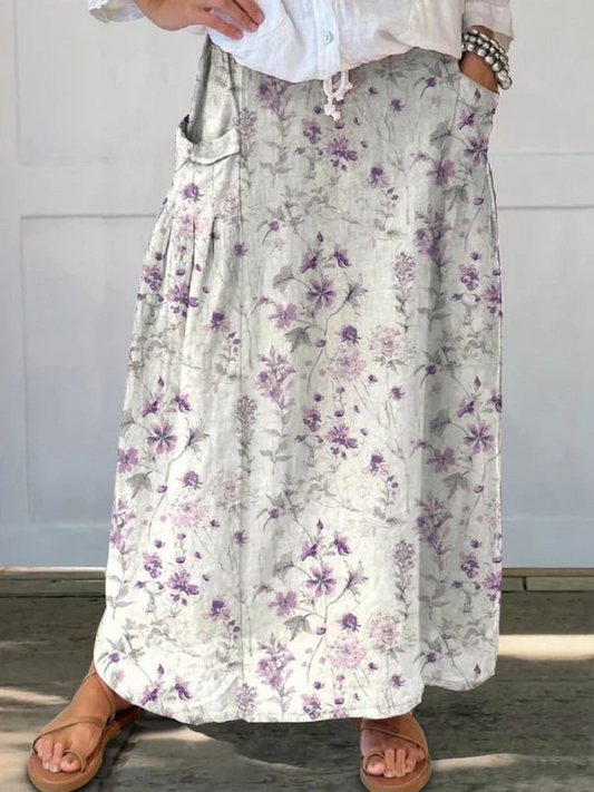 Women's Vintage Floral Pocket Skirt Elastic Waistband - Fashinoza