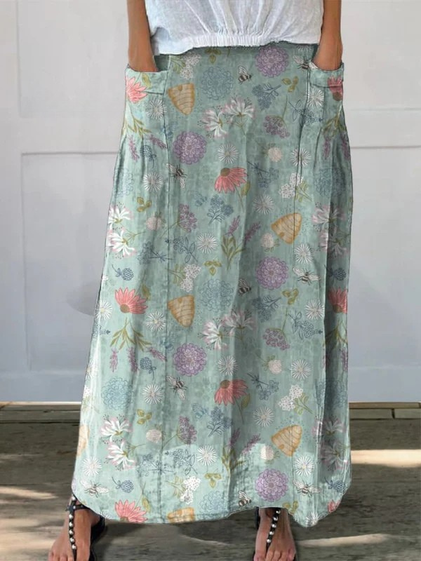 Women's Floral Pocket Skirt Printed Bumble Bee Design - Fashinoza
