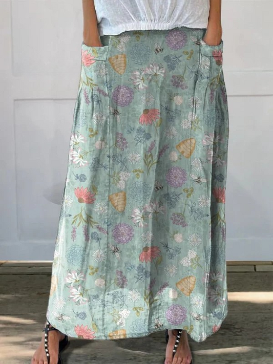 Women's Floral Pocket Skirt Printed Bumble Bee Design - Fashinoza