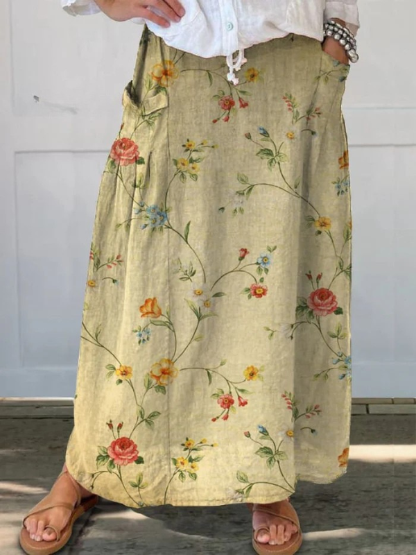 Elegant Floral Pocket Skirt Elastic Waistband - Fashinoza
