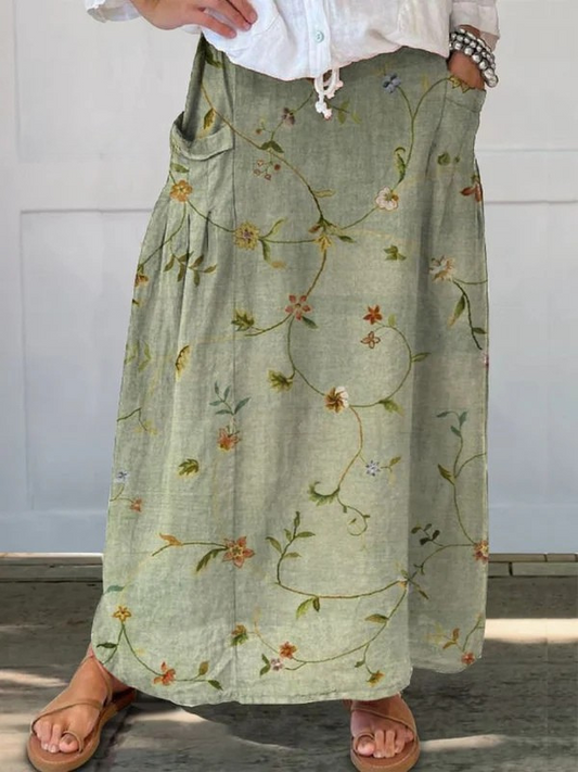 Elastic Waist Pocket Skirt Retro Floral Print - Fashinoza